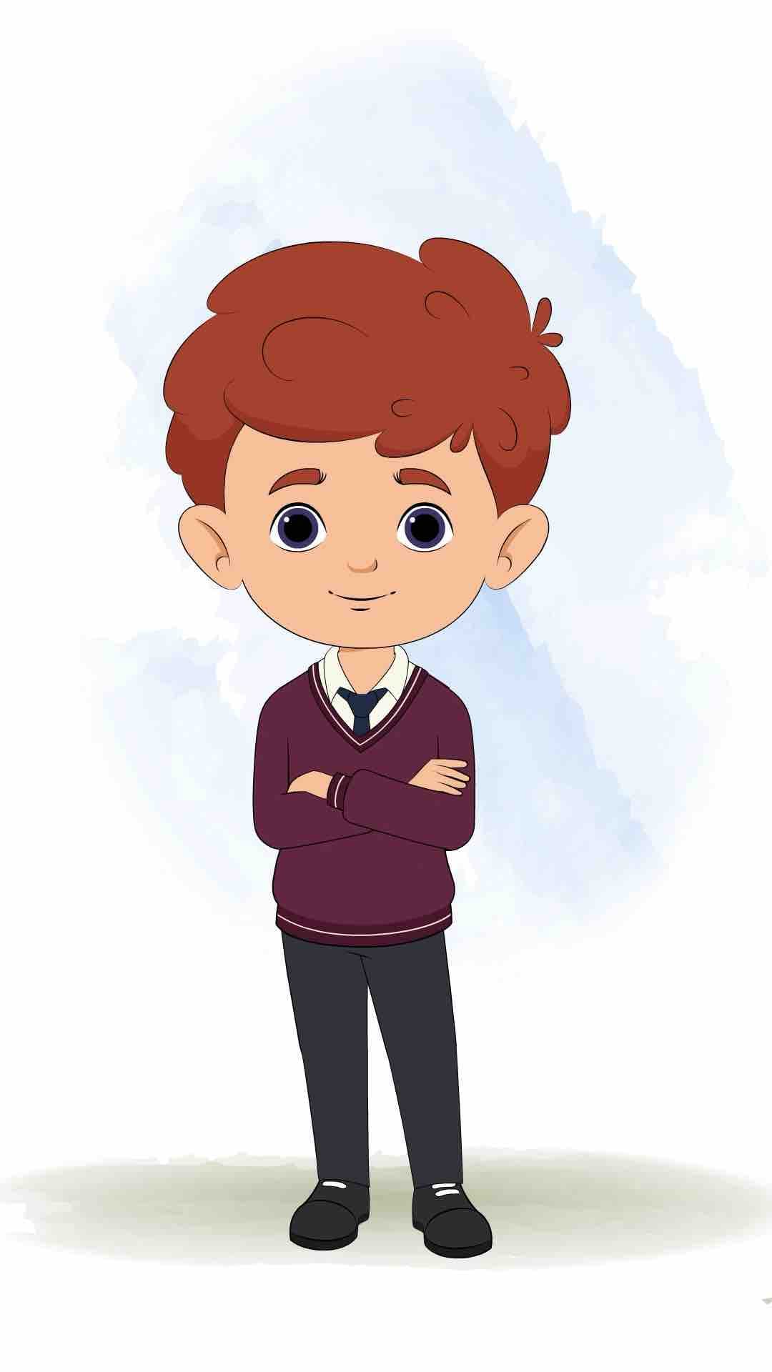 A red hair boy standing with cross hand and talking animated cartoon character aka sunny