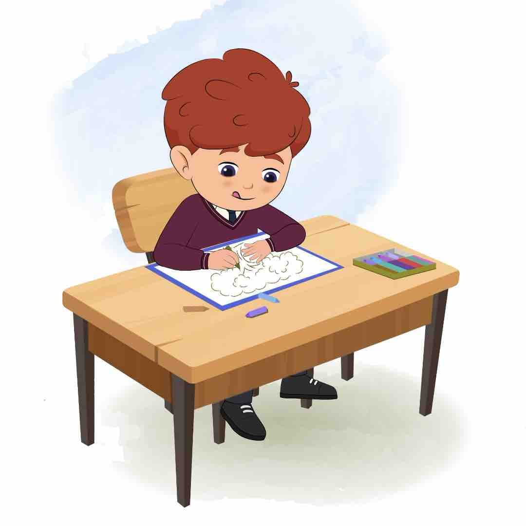 A red hair boy is sitting at a table with some crayons and colouring on the paper aka sunny