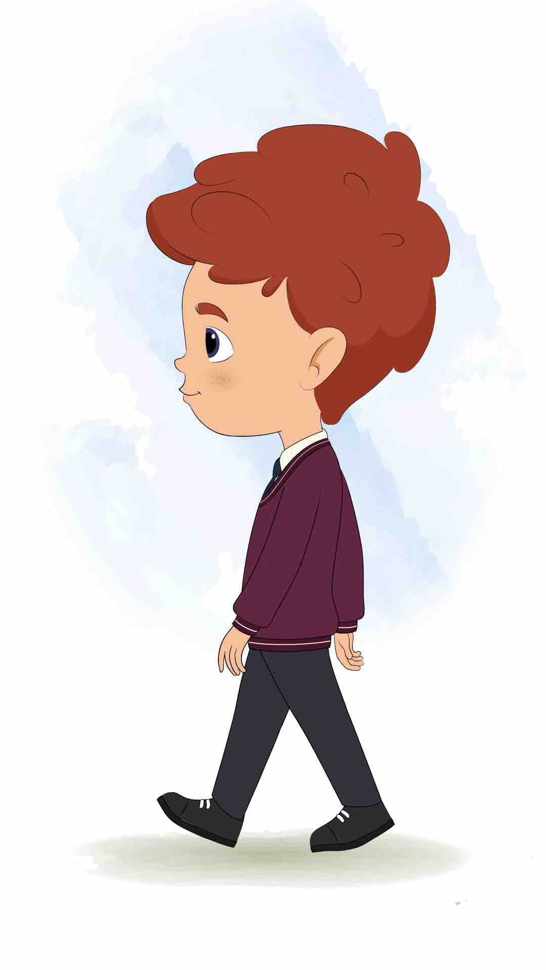 A red hair boy walking side view animated cartoon character aka sunny