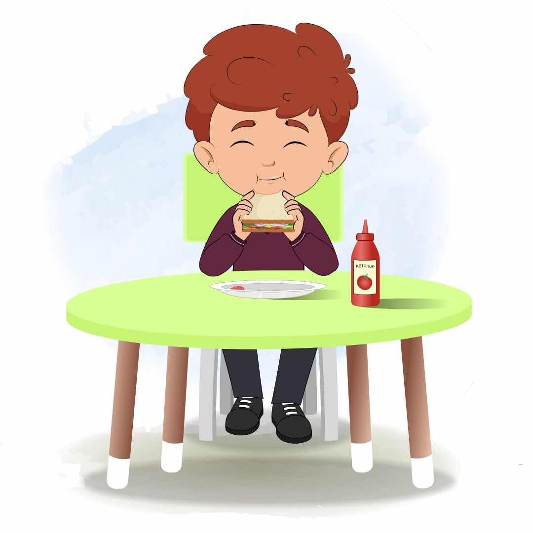 A red hair boy animated cartoon character sitting at a table and eating a sandwich aka sunny