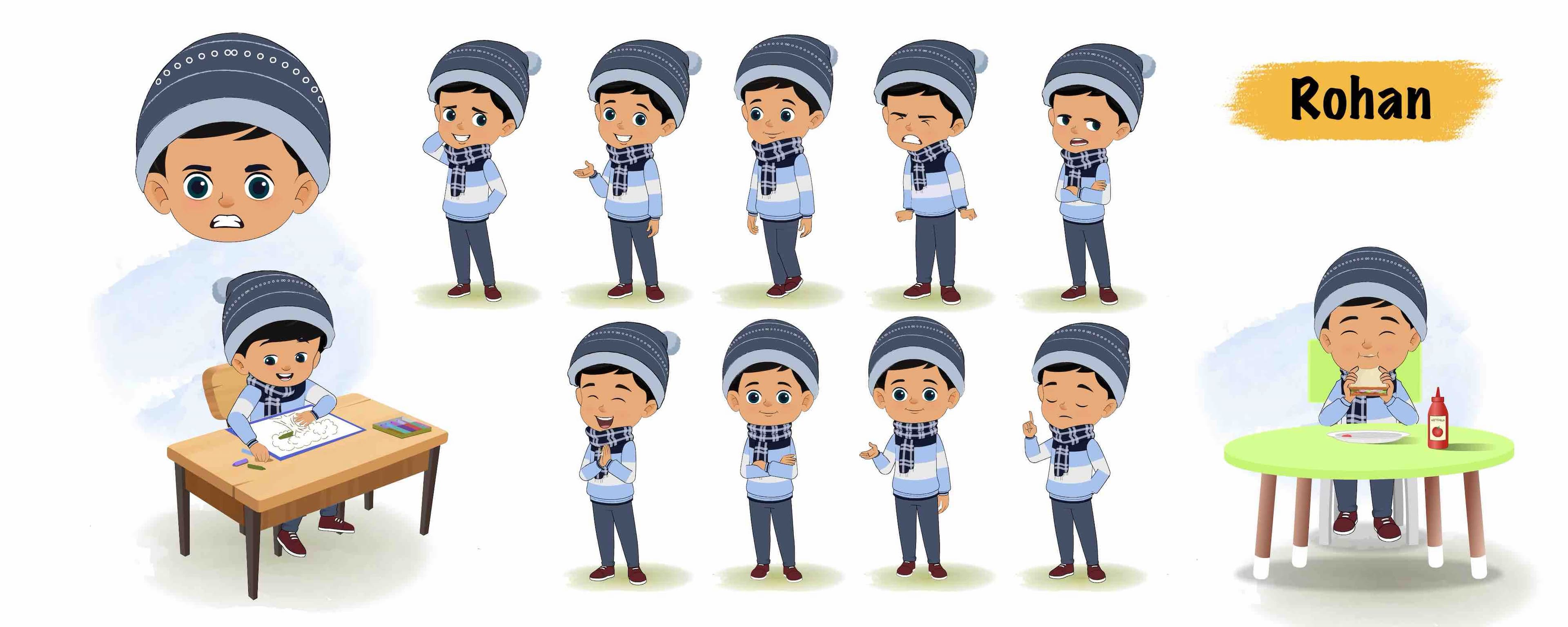 Cute boy in winter clothes animated vector cartoon character model sheet AKA Rohan