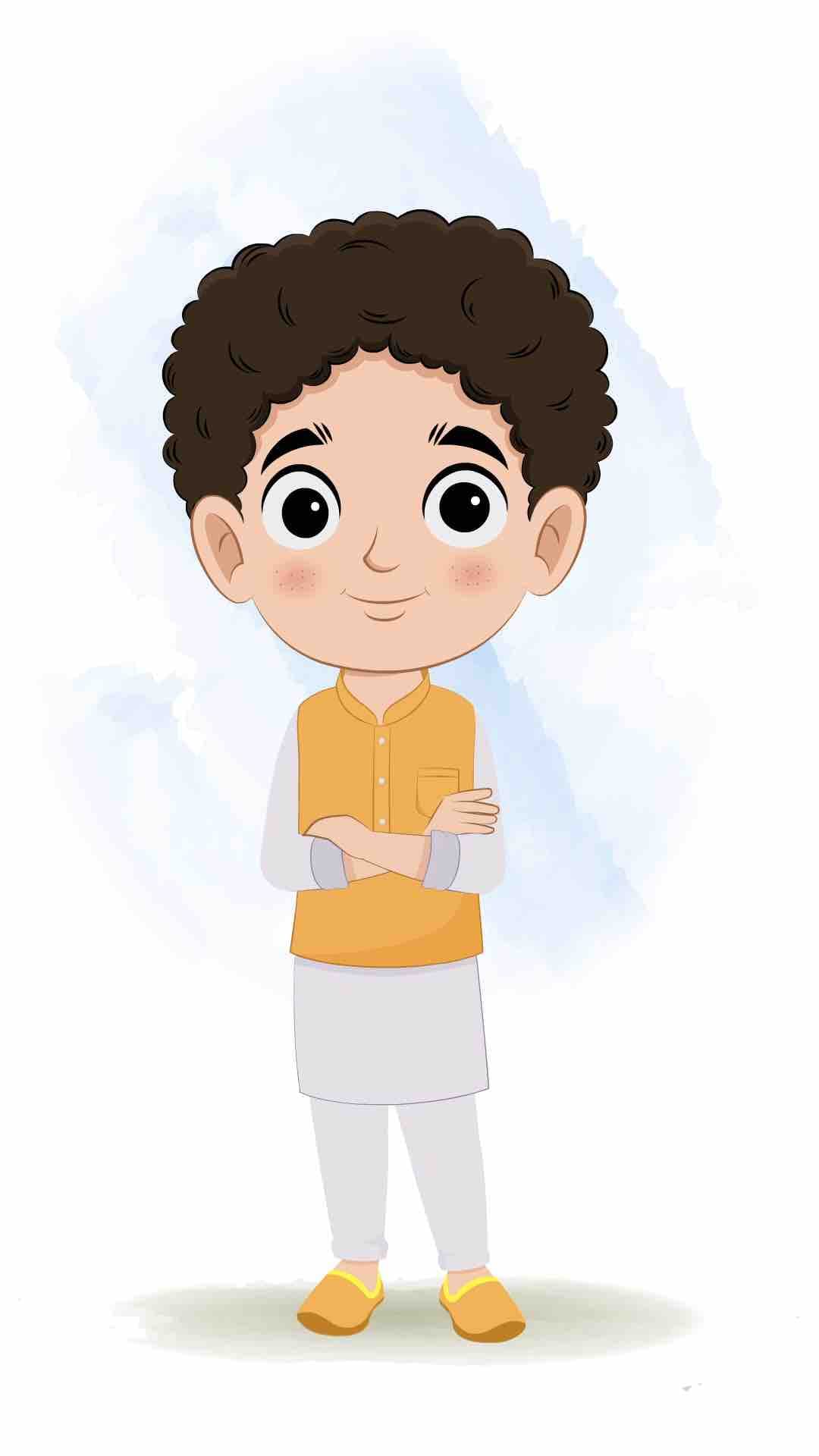 An Indian boy standing with cross hand and talking animated cartoon character aka sachin