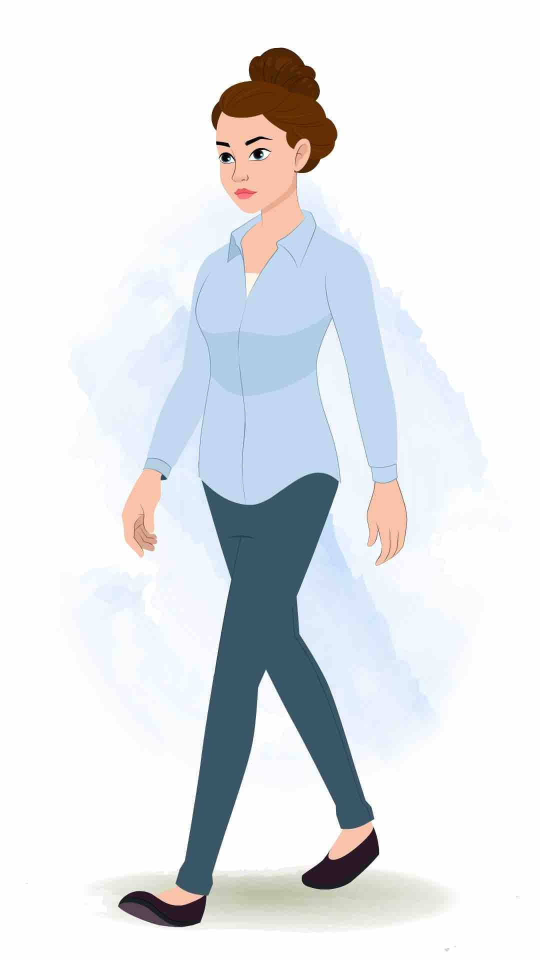 A business woman 3/4 front view/three quarter view walking animated cartoon character aka ruby 3/4