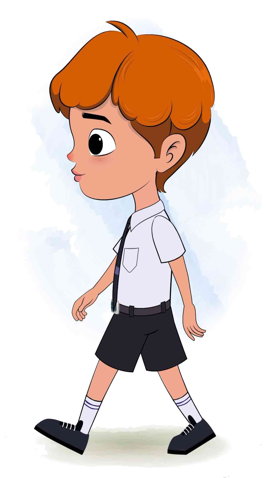 A school boy walking side view animated cartoon character aka leo
