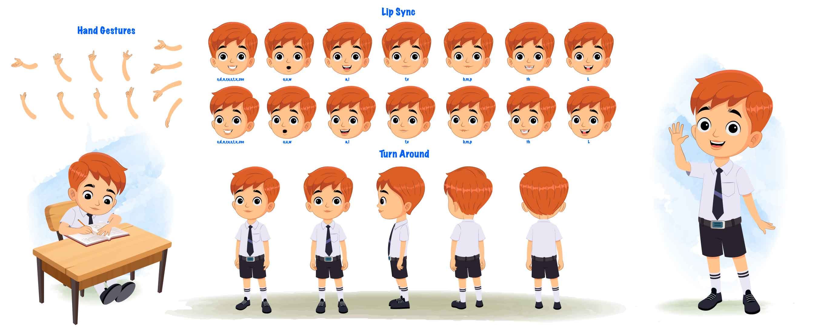 A little boy cartoon character construction/model sheet aka roman