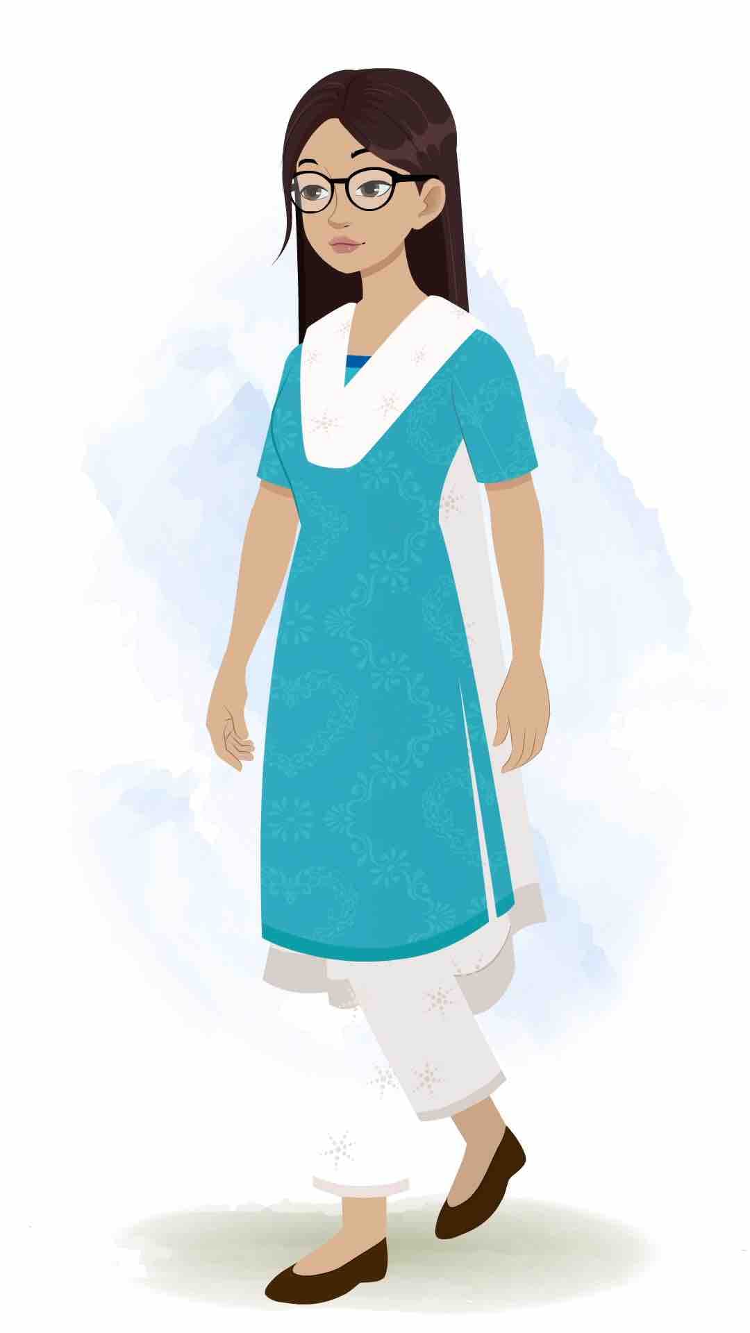 An Indian female teacher 3/4 front view/three quarter view walking animated cartoon character aka miss lata 3/4