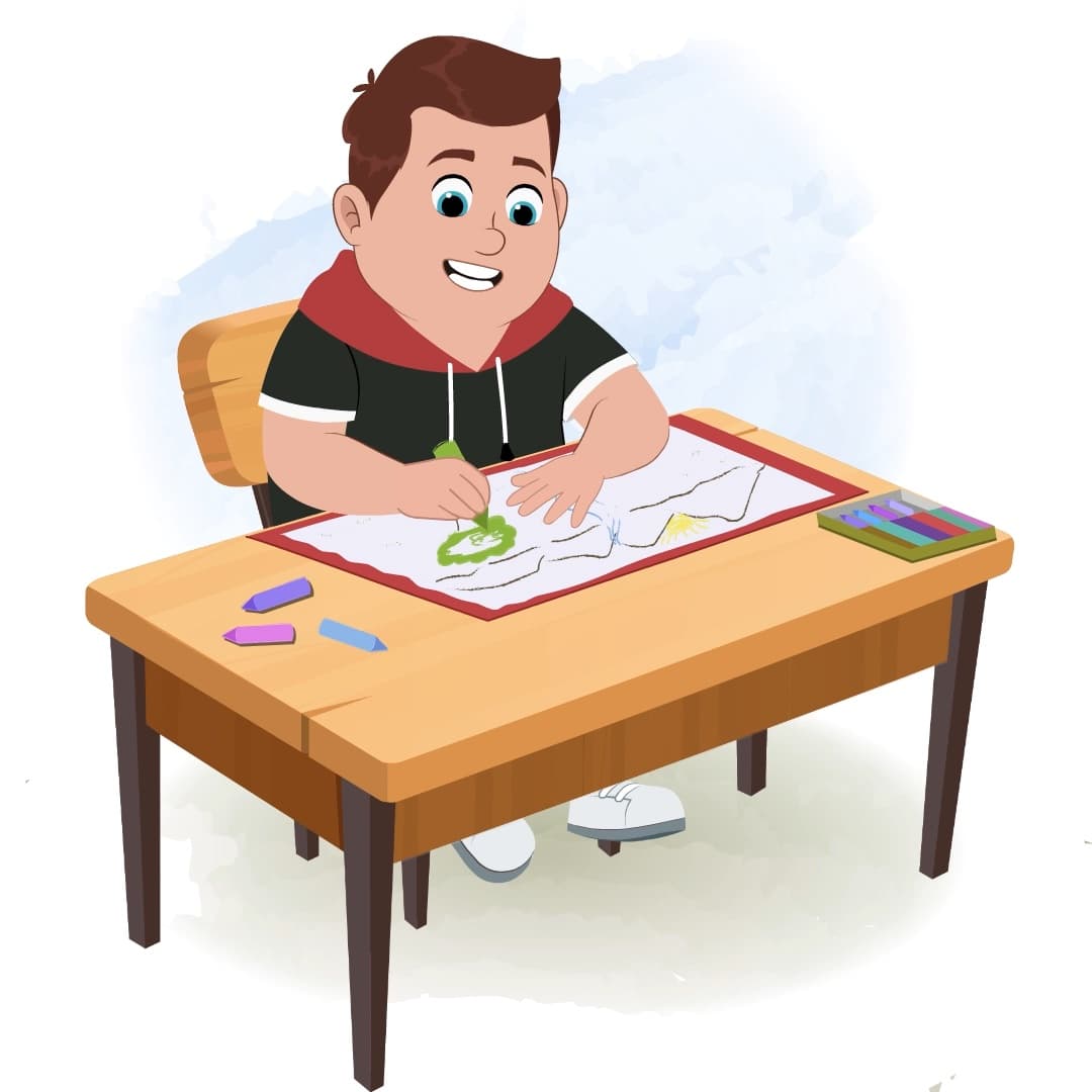 A fat boy is sitting at a table with some crayons and coloring on the paper aka frank