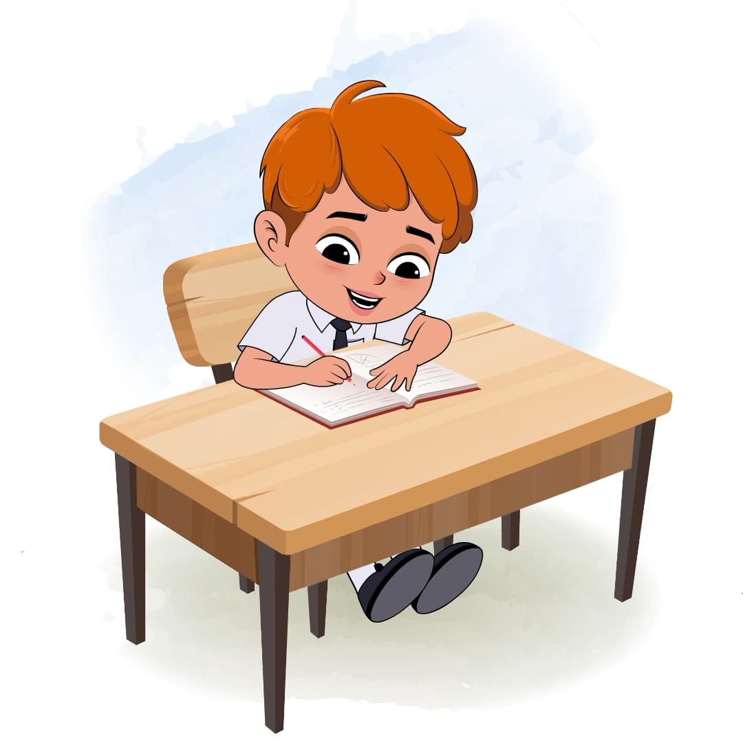 A school boy doing homework and sitting on the table animated cartoon character aka leo