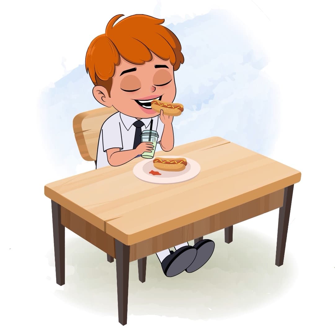 A school boy animated cartoon character sitting at a table and eating a hot dog aka leo