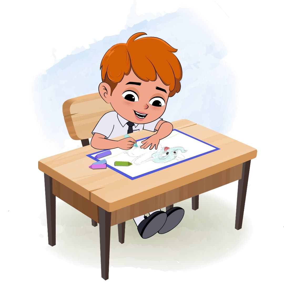A school boy is sitting at a table with some crayons and colouring on the paper aka leo
