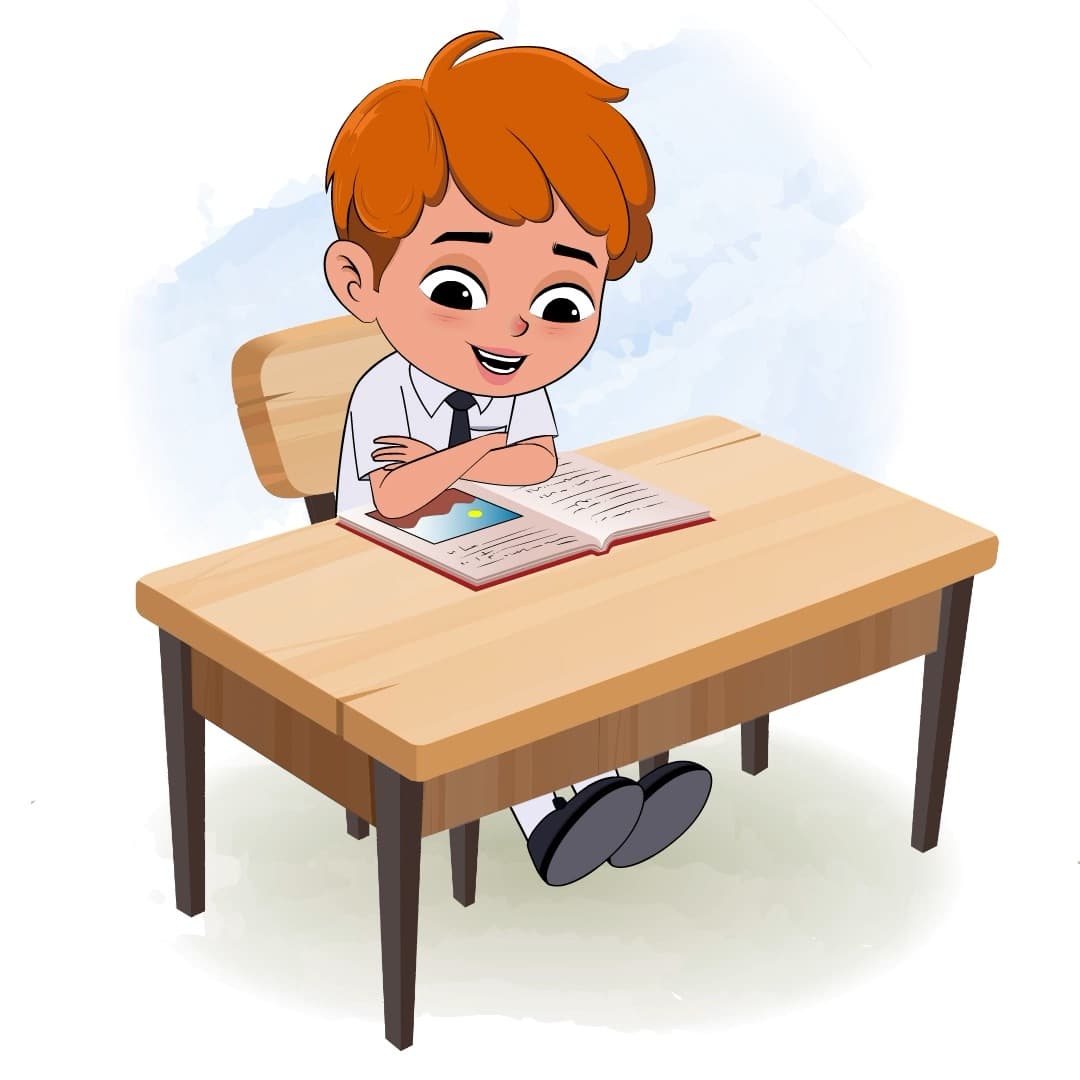 A school boy reading a book and sitting on the table animated cartoon character aka leo