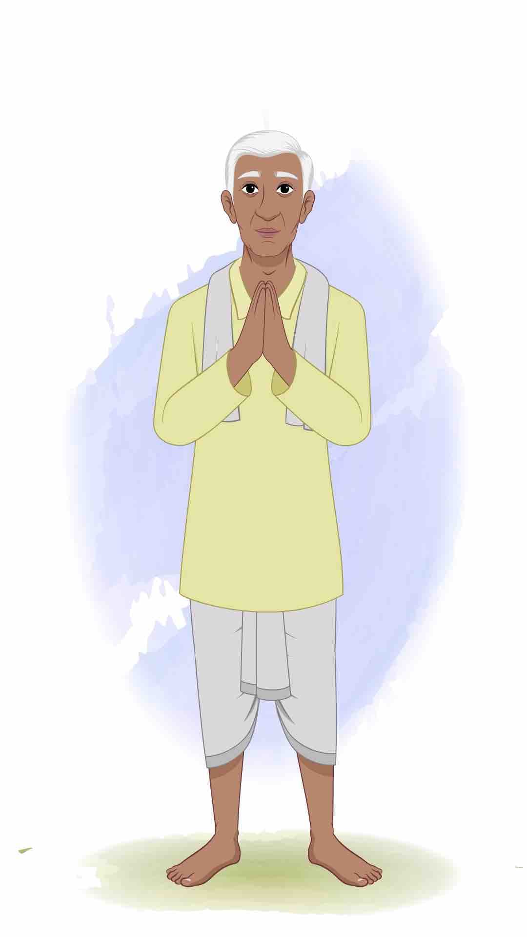 An old Indian village man greeting animated vector cartoon character AKA Ramakrishna