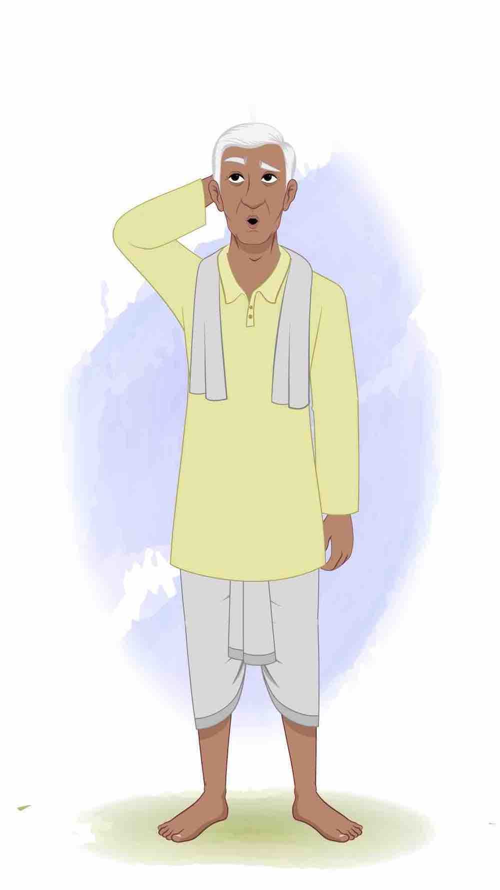An old Indian confuse aged man animated vector cartoon character AKA Ramakrishna
