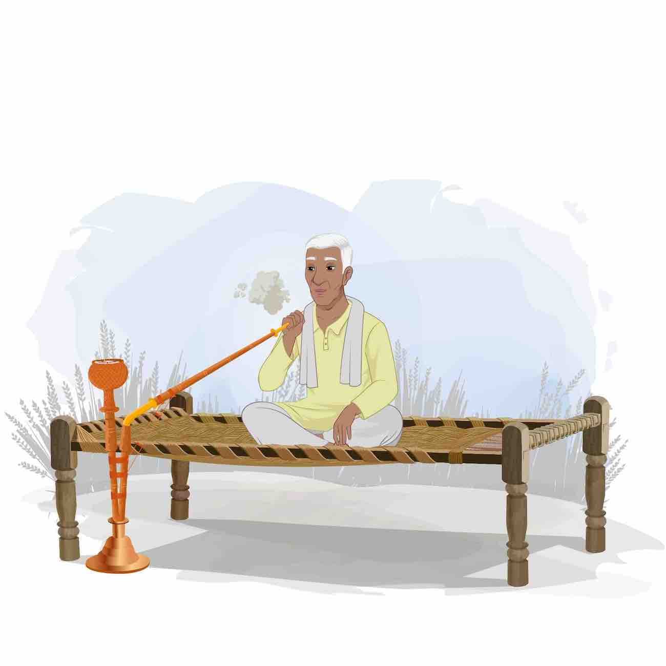 An old Indian man smoking hukka animated vector cartoon character AKA Ramakrishna