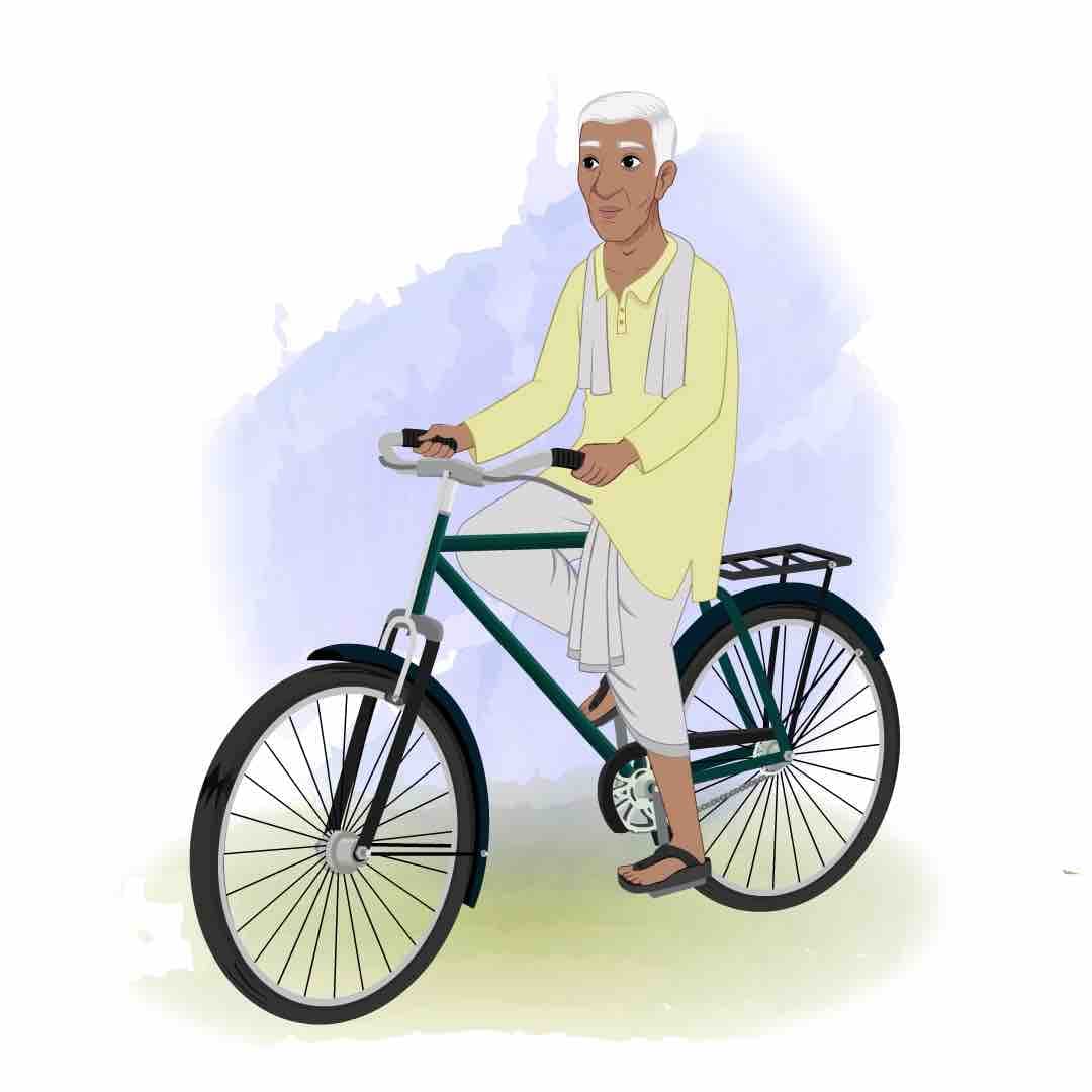 An old Indian man riding bicycle animated vector cartoon character AKA Ramakrishna