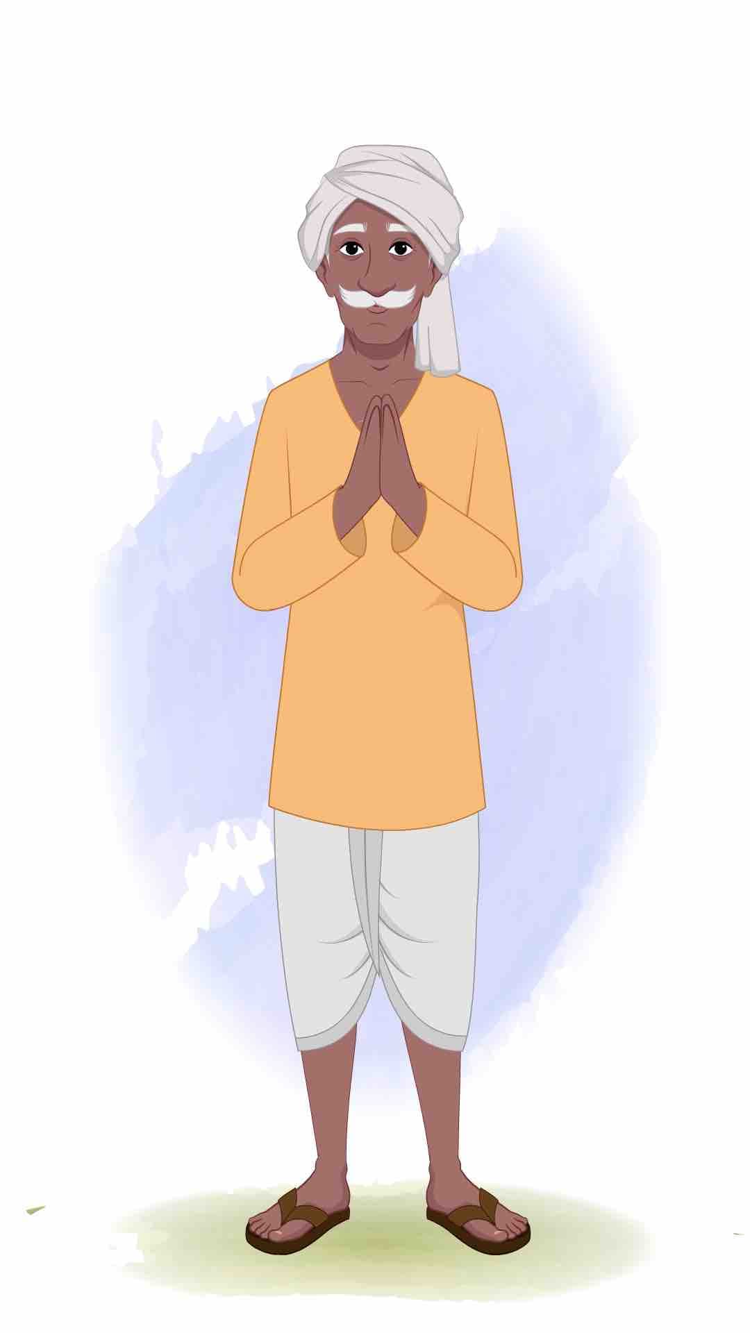 An old Indian village man greeting animated vector cartoon character AKA Ram Prasad