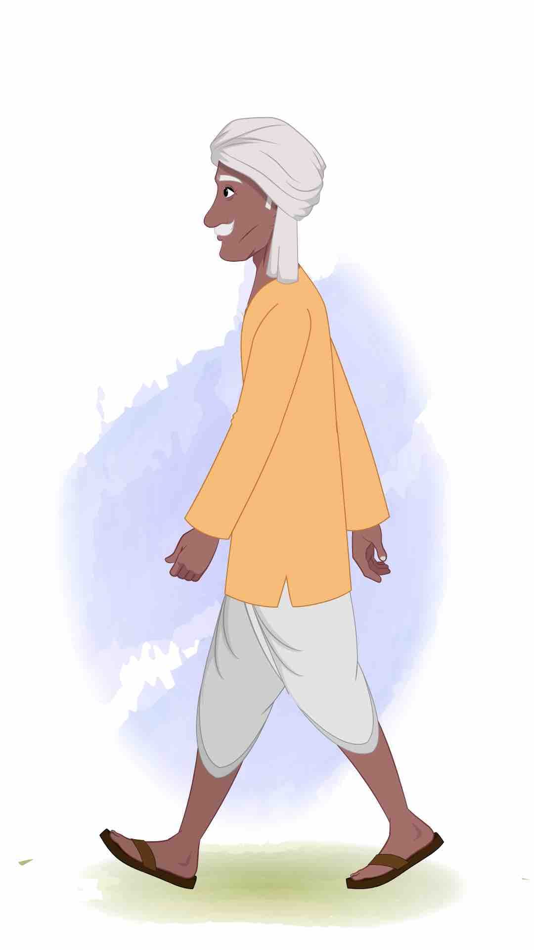 An old Indian village man side walking animated vector cartoon character AKA Ram Prasad