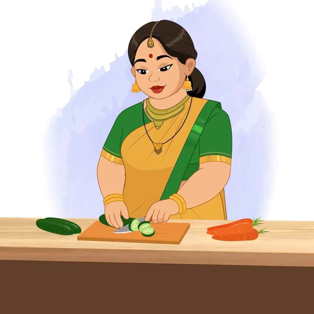 A fat Indian woman cutting vegetable animated vector cartoon character AKA Anuradha