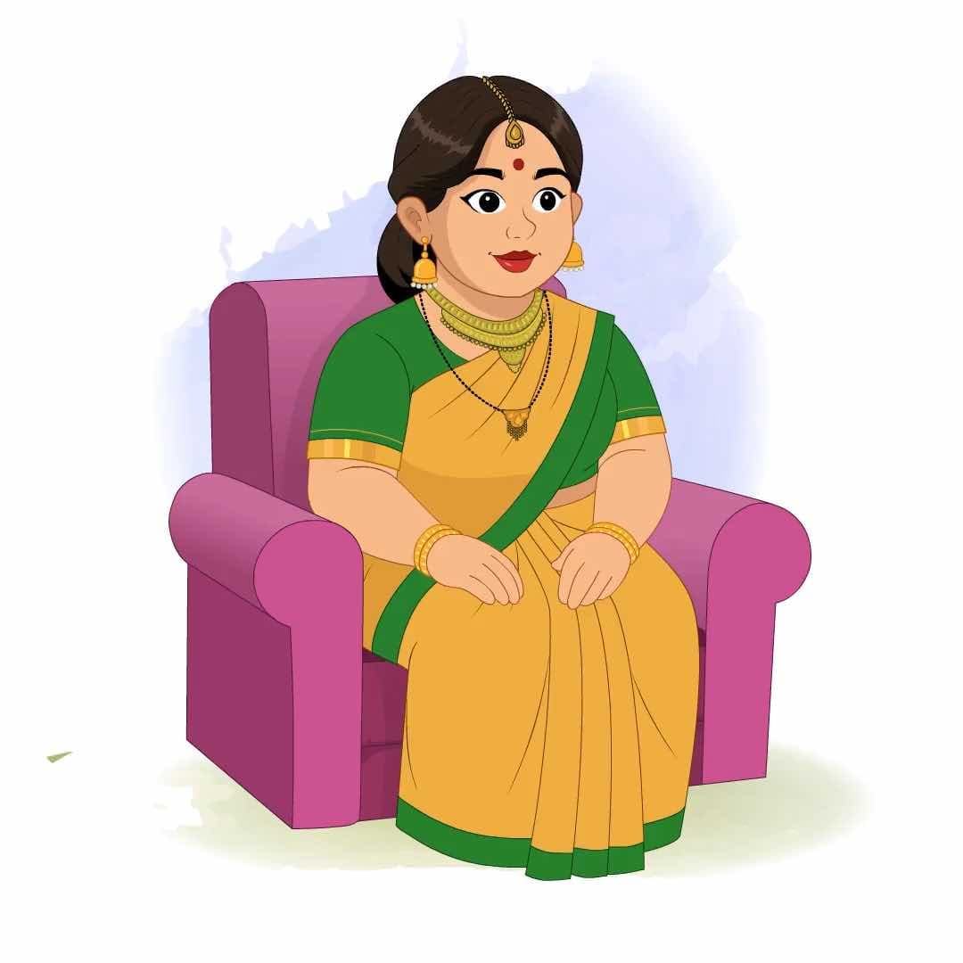 A fat Indian woman talking while sitting animated vector cartoon character AKA Anuradha