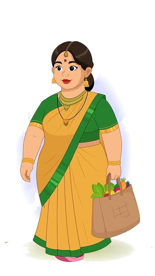 A fat Indian woman walking with vegetable bag animated vector cartoon character AKA Anuradha