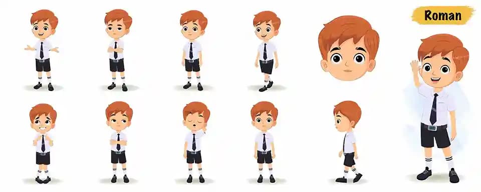 Little school boy animated vector cartoon character model sheet AKA Roman