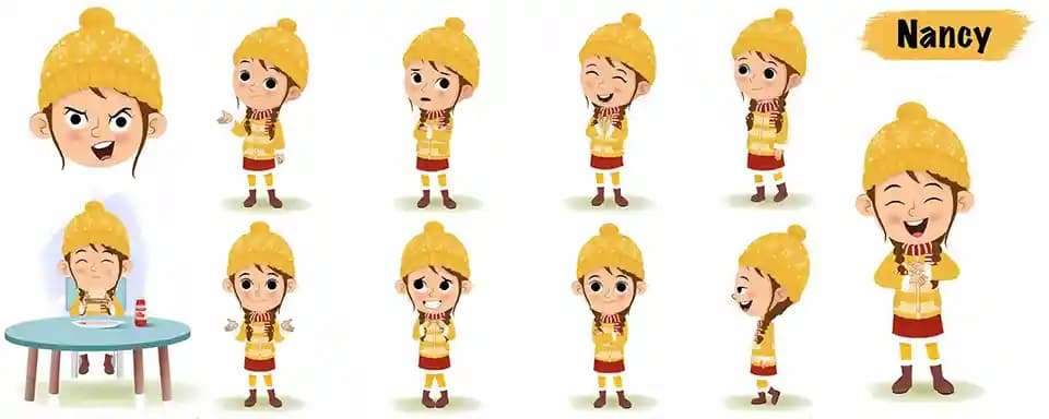 Cute girl in winter clothes animated vector cartoon character model sheet AKA Nancy