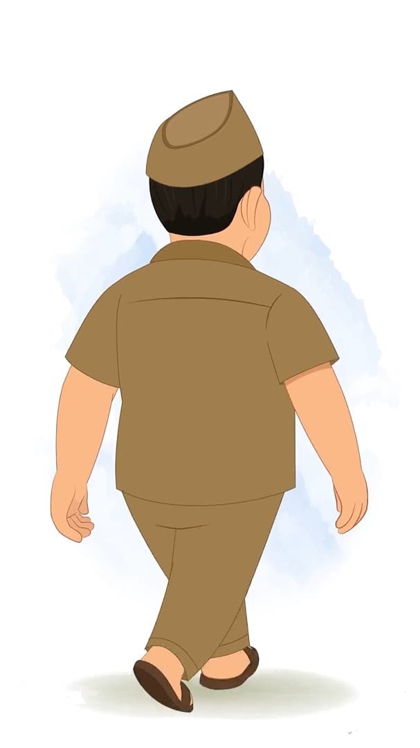 A postman walking in back third view animated vector cartoon character AKA Ramesh