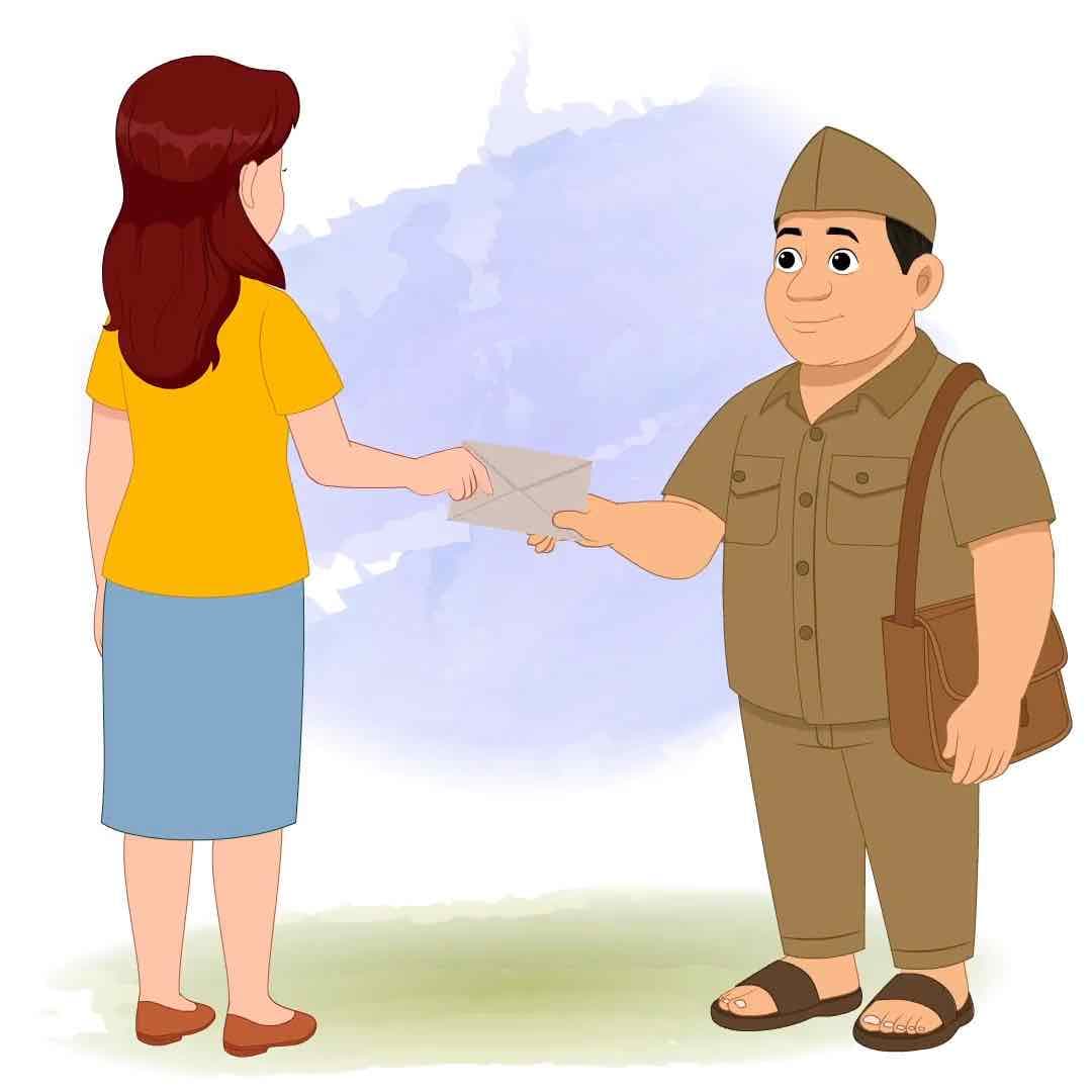 A postman delivering letter to a woman animated vector cartoon character AKA Ramesh