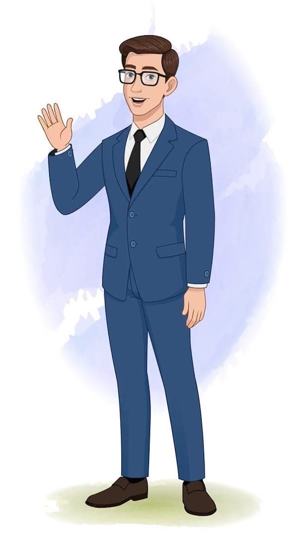 A businessman in blue suit saying hi animated vector cartoon character AKA David