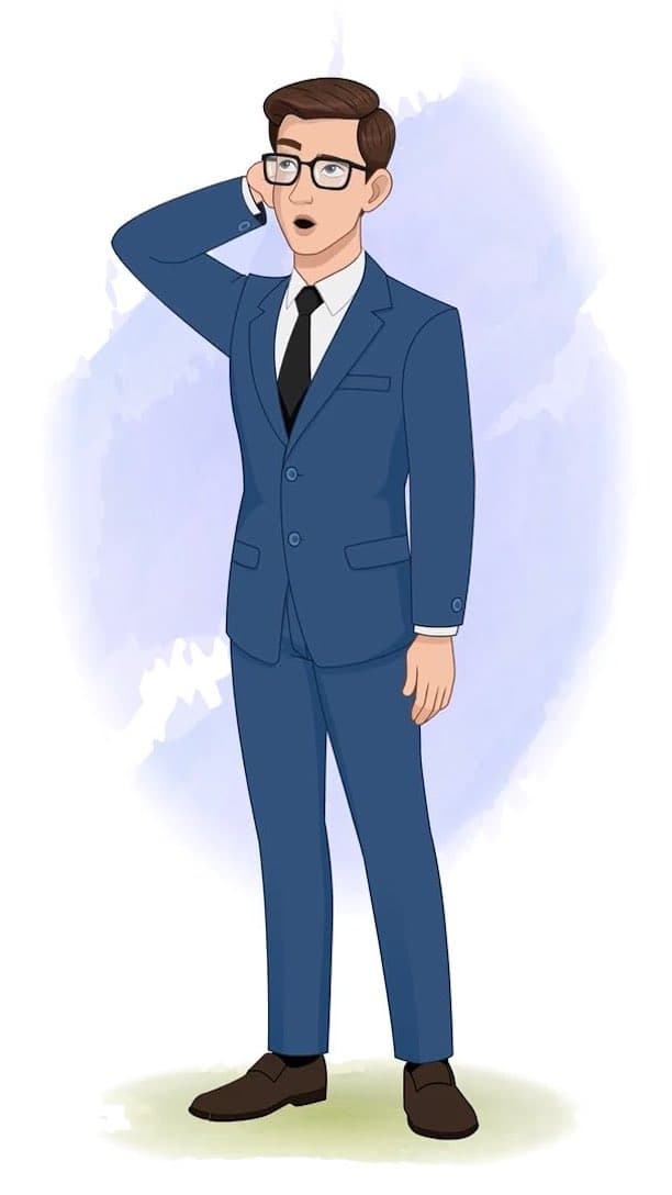 A confused businessman in blue suit animated vector cartoon character AKA David