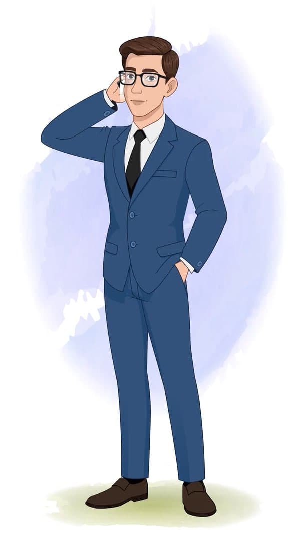 A businessman in blue suit talking on phone animated vector cartoon character AKA David