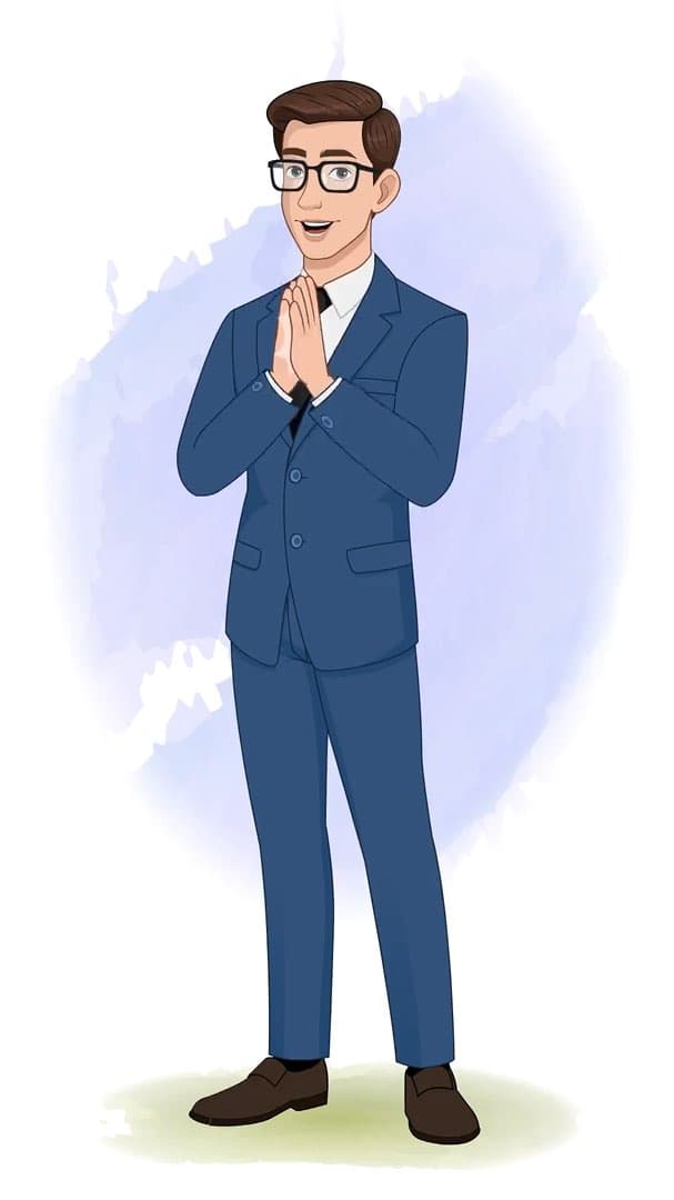 A businessman in blue suit clapping animated vector cartoon character AKA David