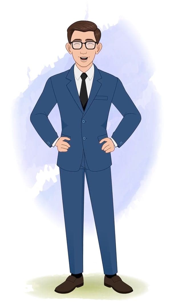 A laughing businessman in blue suit laughing animated vector cartoon character AKA David