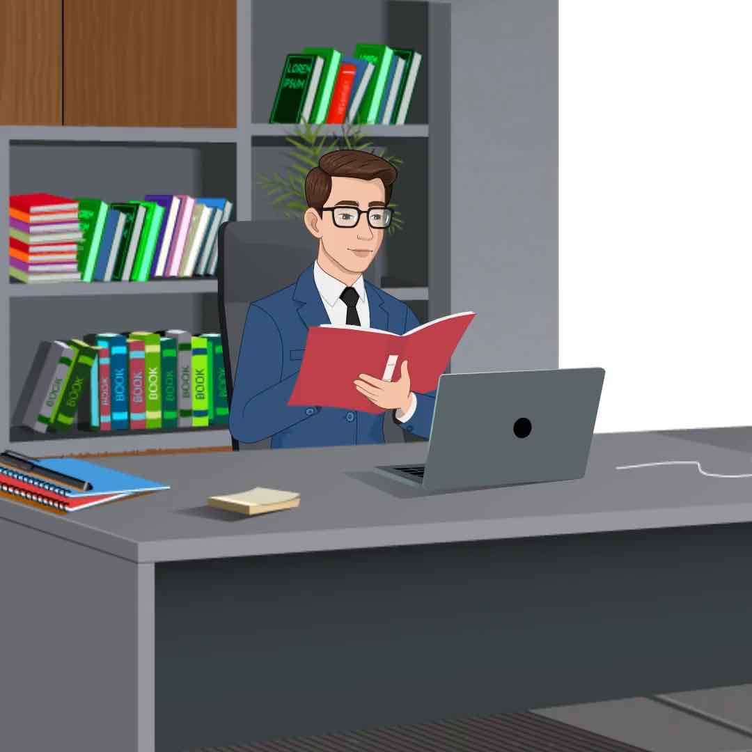 A businessman in blue suit reading book animated vector cartoon character AKA David