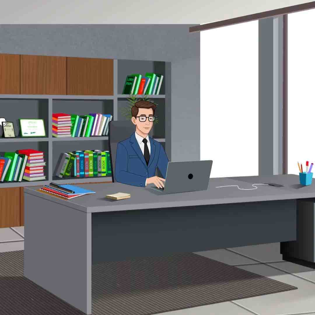 A businessman in blue suit working on laptop animated vector cartoon character AKA David