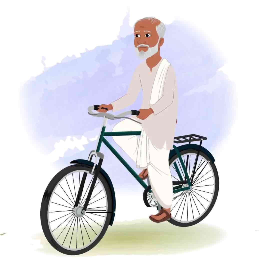 An old village man riding bicycle animated vector cartoon character AKA Pyare Lal