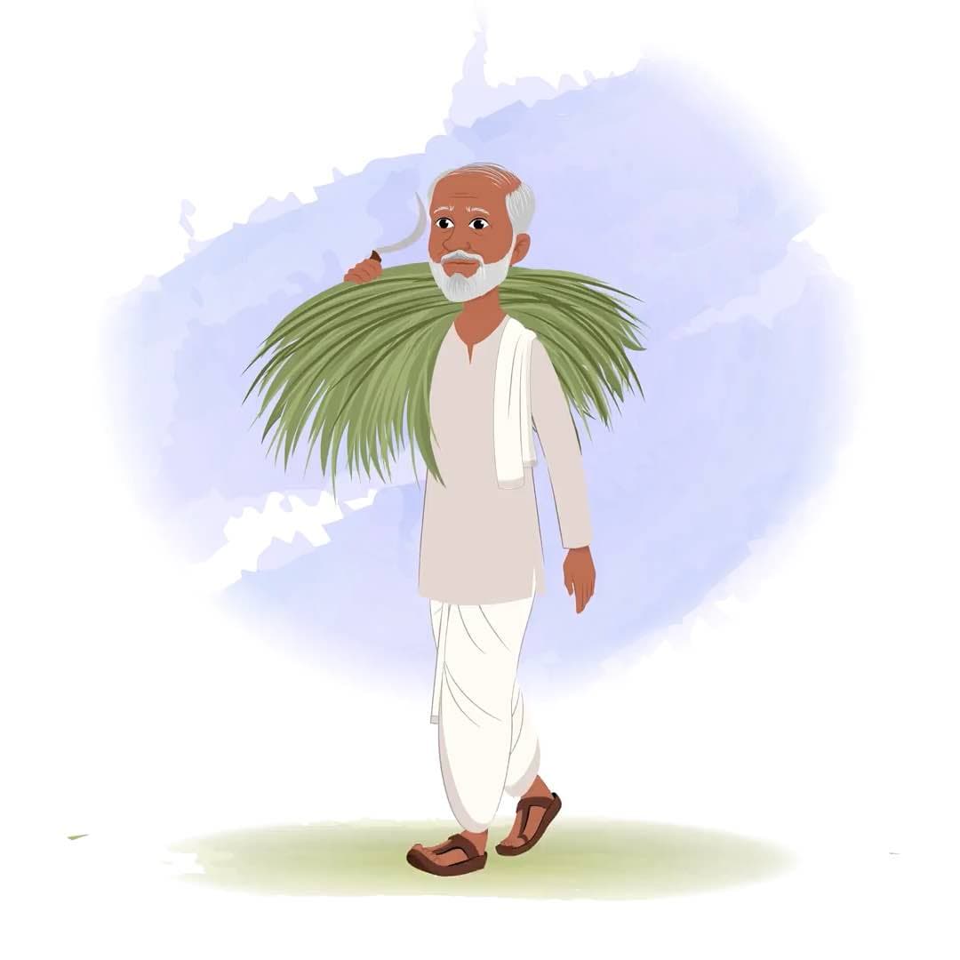 An old village man walking with grass animated vector cartoon character AKA Pyare Lal