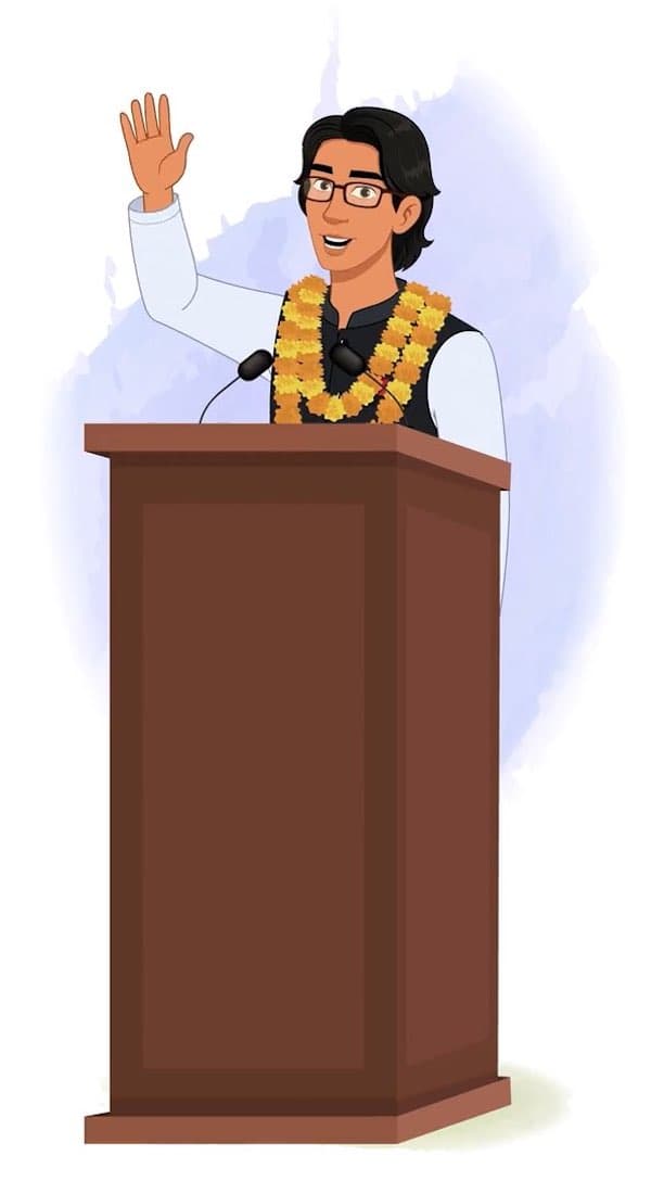An Indian Politician waving hand on podium animated vector cartoon character AKA Rajiv