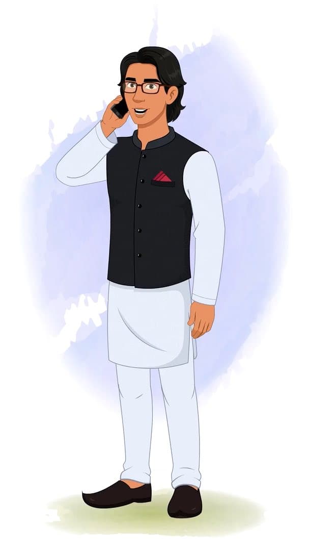 An Indian Politician talking on phone animated vector cartoon character AKA Rajiv