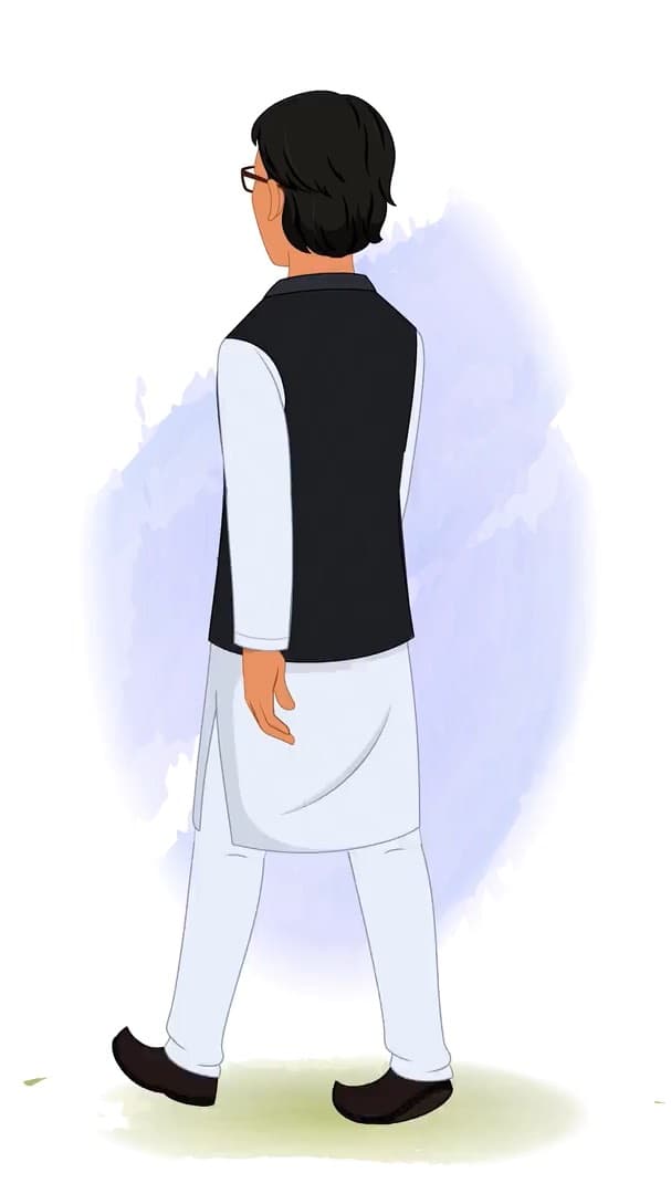 An Indian Politician walking in back third view animated vector cartoon character AKA Rajiv