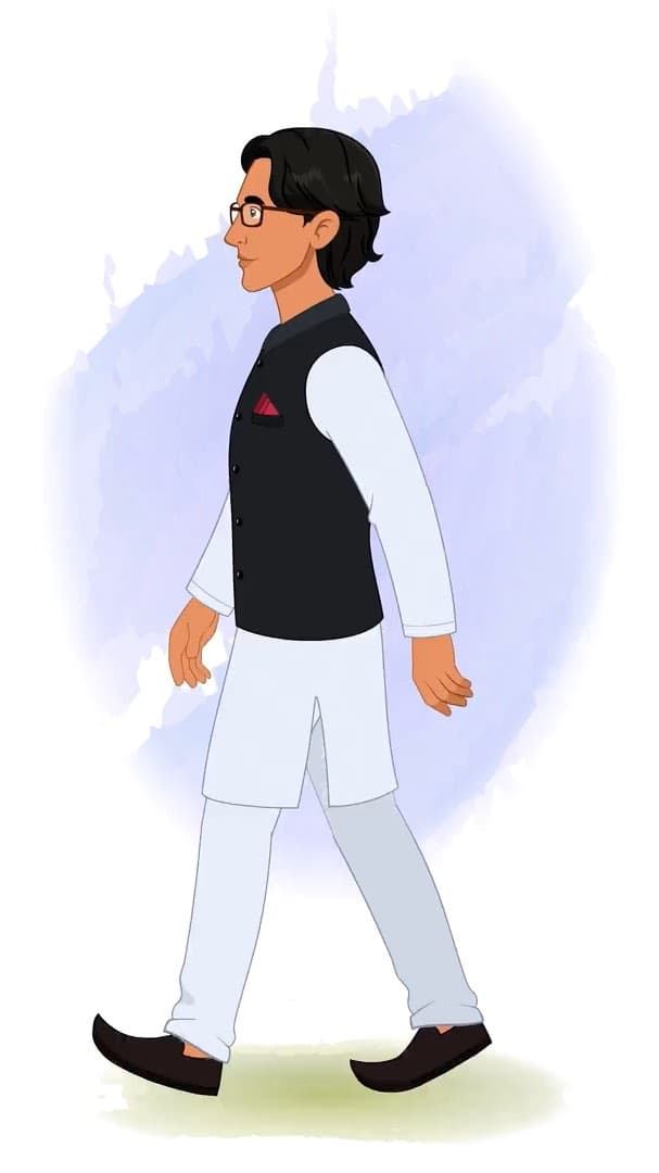 An Indian Politician side walking animated vector cartoon character AKA Rajiv