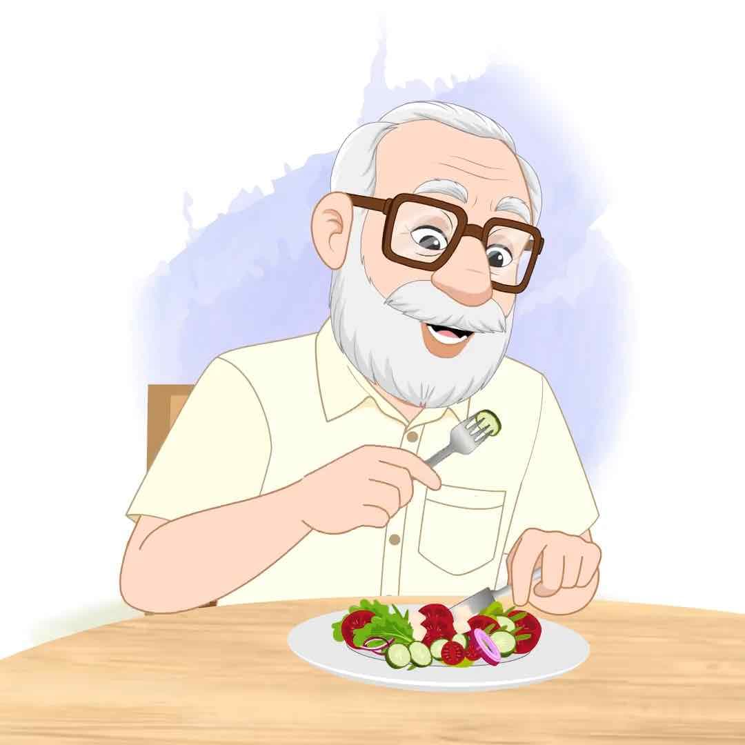 An old man eating fruits animated vector cartoon character AKA Tom