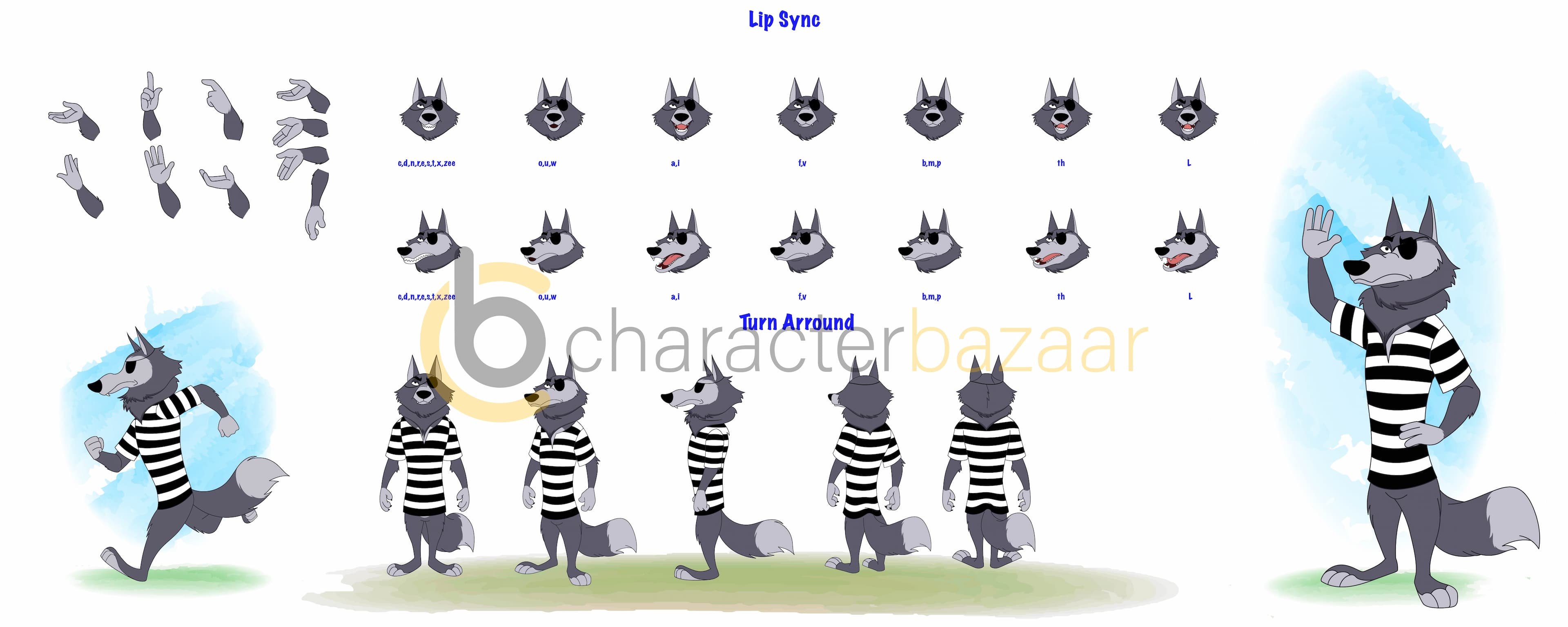 thief wolf animal cartoon character construction/model sheet