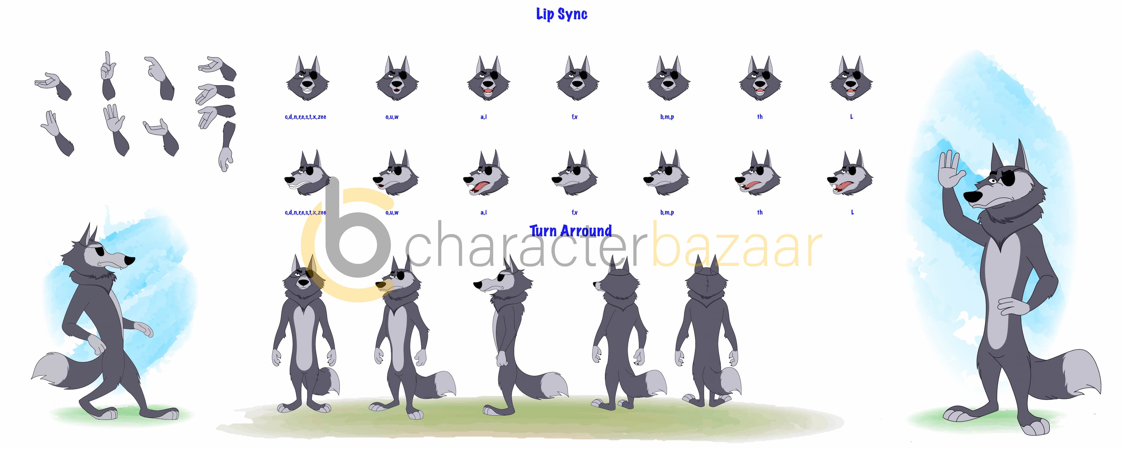 thief wolf cartoon character construction/model sheet