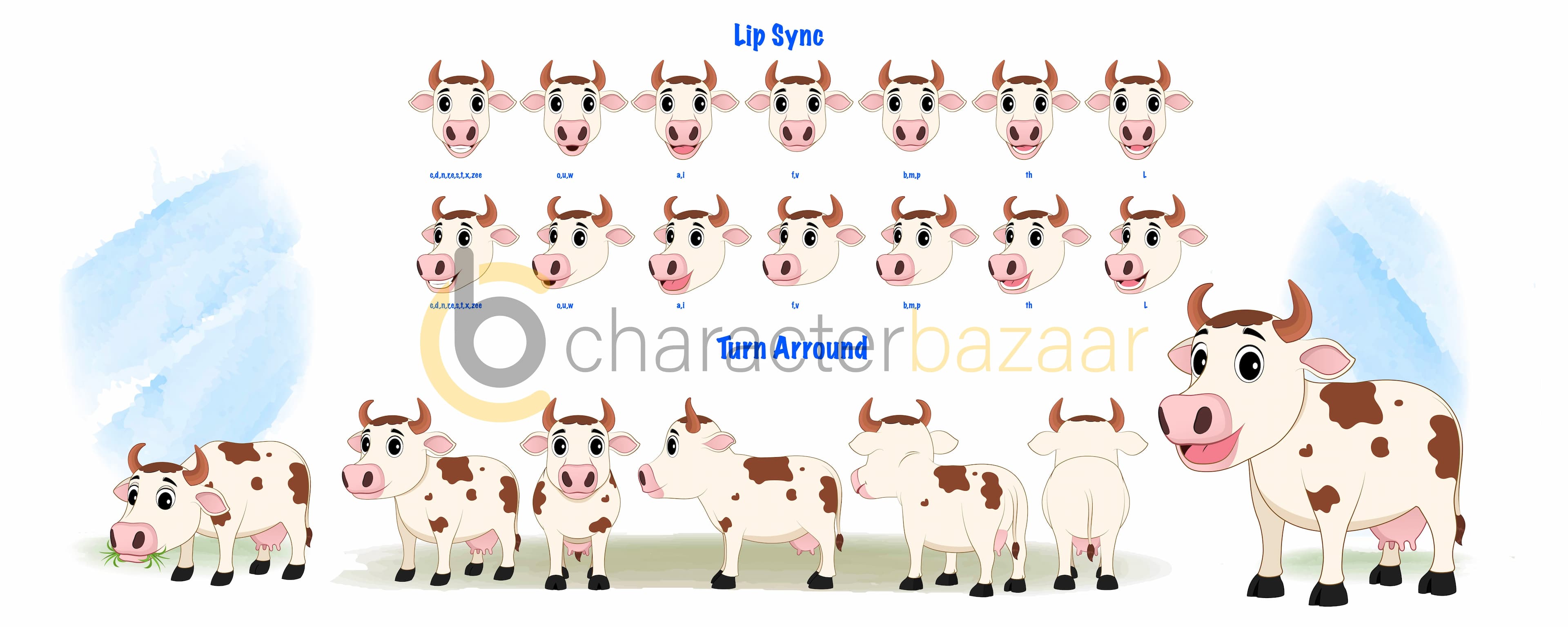 A cow cartoon character construction/model sheet,cow hand gesture aka choti the cow