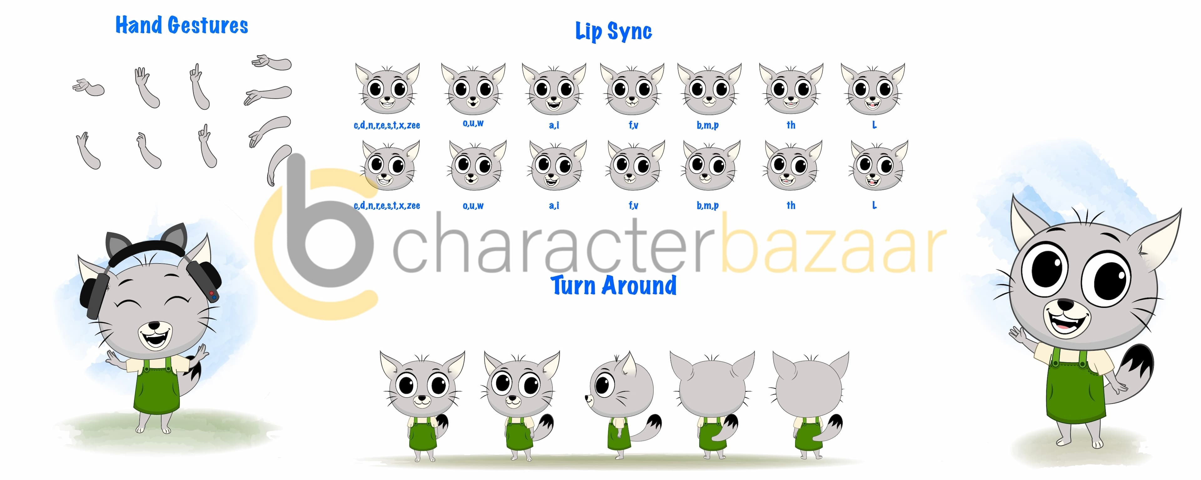 A cat cartoon character construction/model sheet aka kitty the kitten