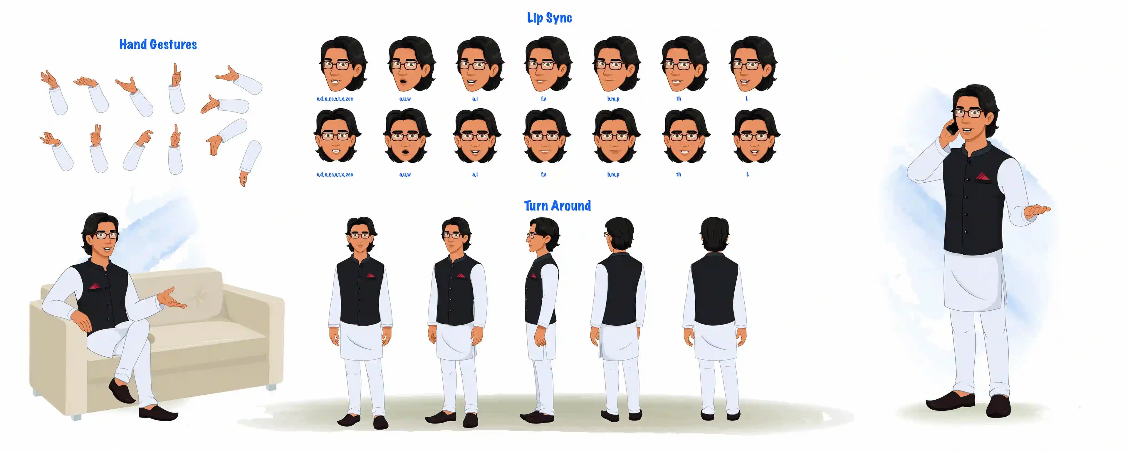 An Indian Politician model sheet,turnaround sheet, hand gesture and lip-sync AKA Rajiv