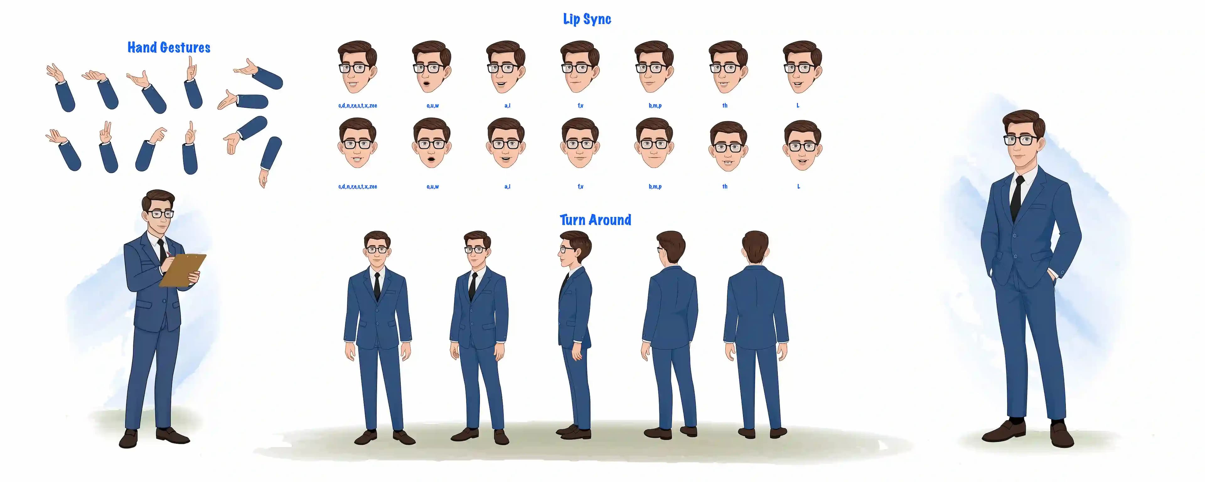 A businessman in blue suit model sheet/turnaround sheet, hand gesture and lip-sync AKA David