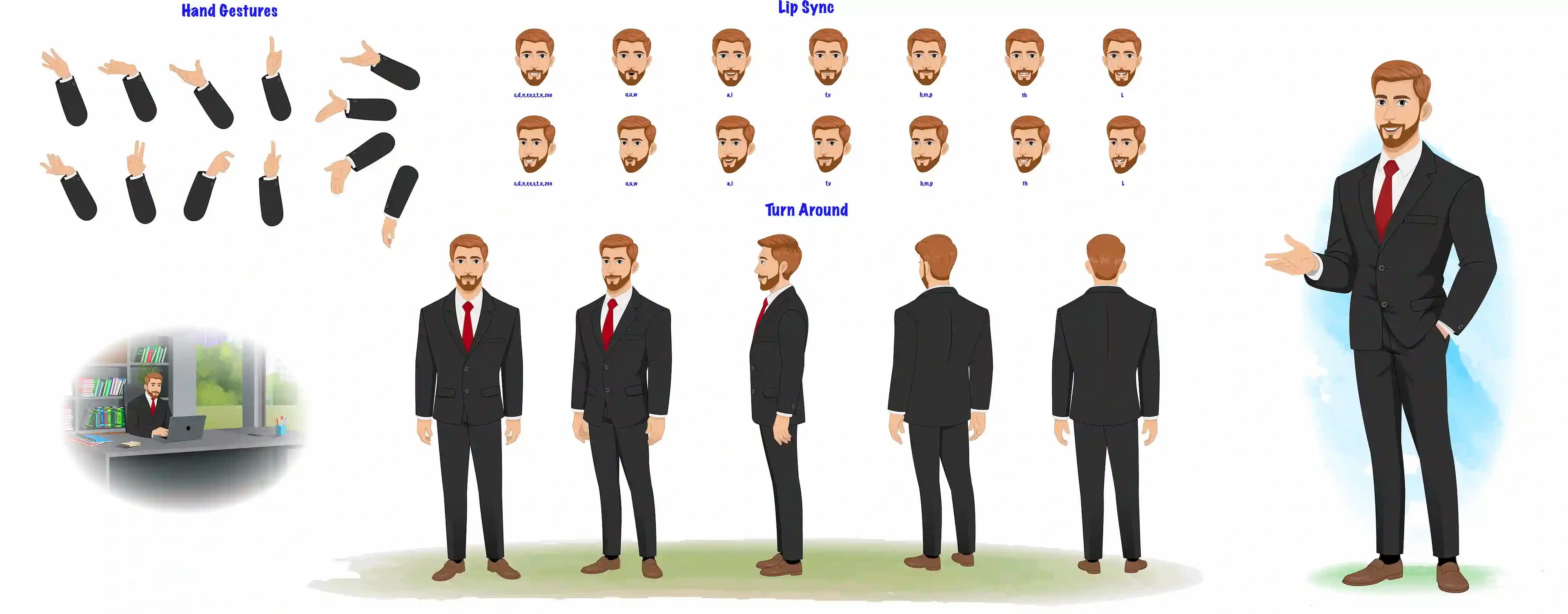 A handsome businessman model sheet, turnaround sheet, hand gestures, lip-sync set AKA Edward