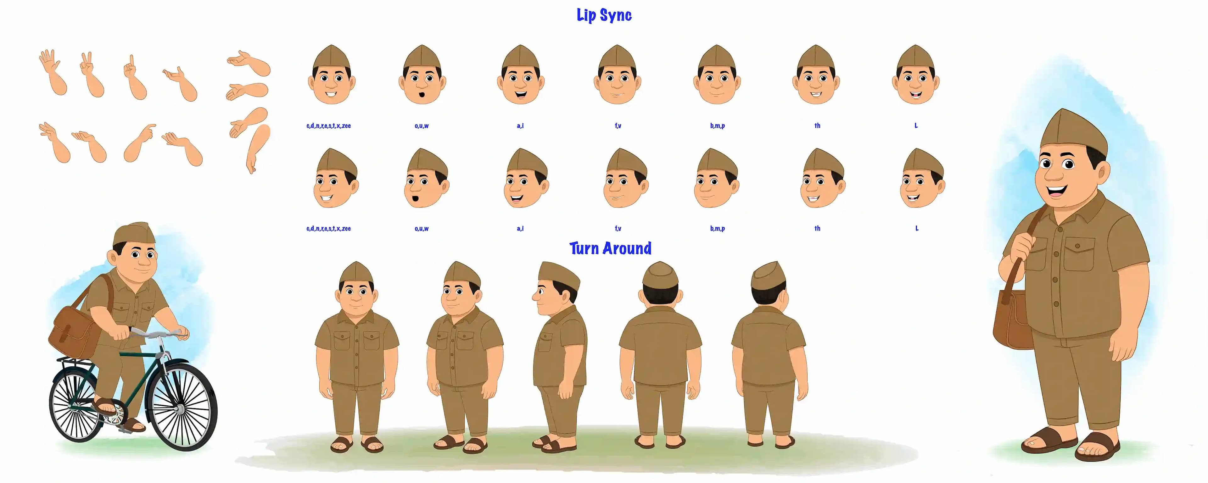 A postman model sheet, turnaround sheet, hand gestures, lip-sync set AKA Ramesh